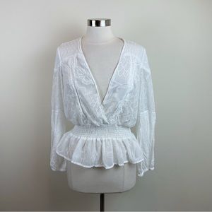 Cupio White Floral Long Sleeve V Neck Blouse Top Cottagecore Women Medium